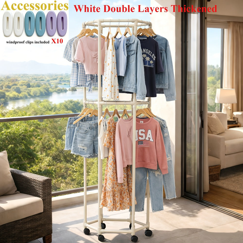 Rolling Hexagon Clothes Drying Rack 1 or 2 Layer ¨C Sturdy Metal Floor Stand with Wheels, Multi-Bar & 10 Clips, Portable Laundry Rack for Bedroom, Balcony & Dorm