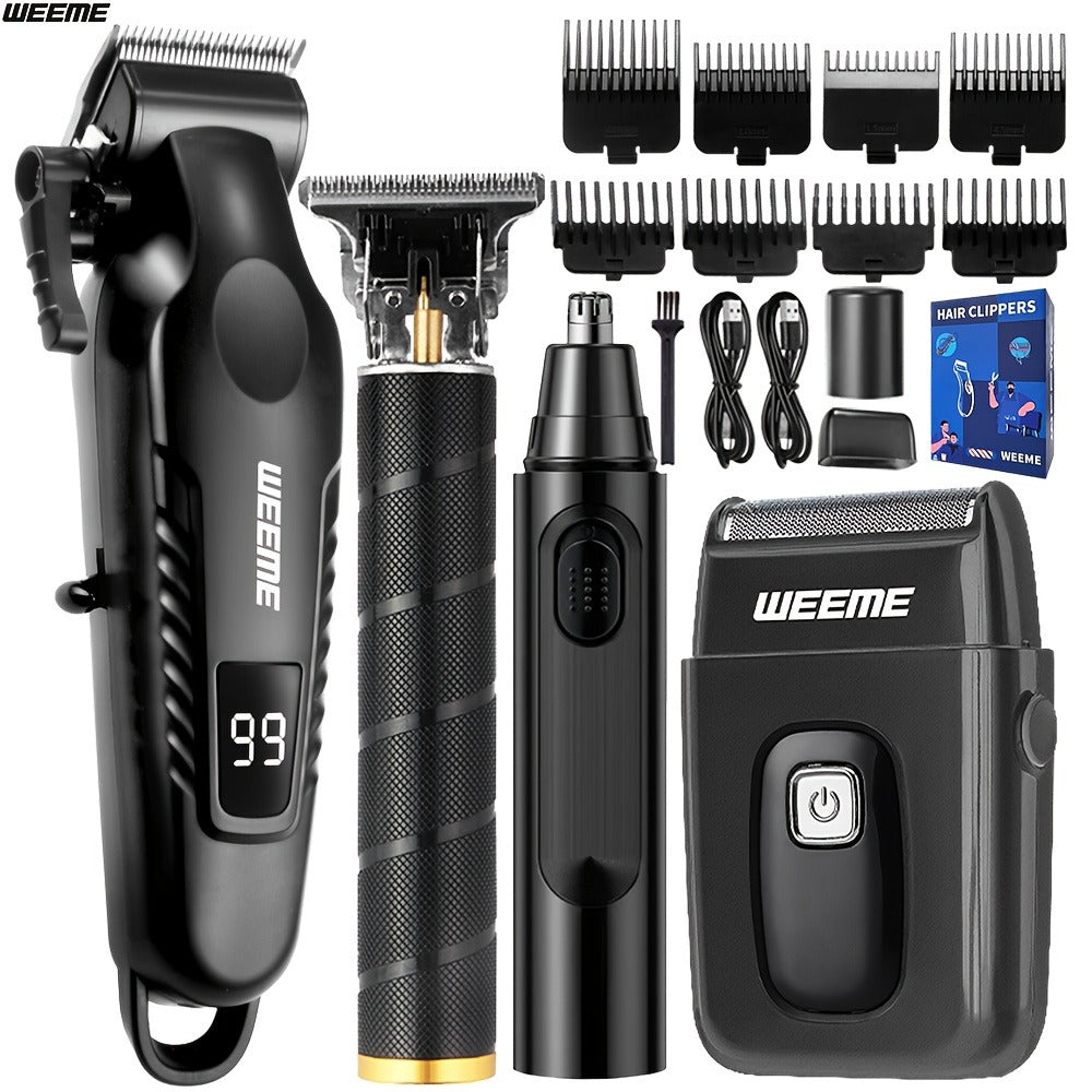 Men's Grooming Kit 4-Piece Set ¨C USB Rechargeable Hair Clipper, Nose Trimmer, Electric Shaver & T9 Detailer with 8 Guide Combs, Professional Cordless Beard Trimmer Set for Men