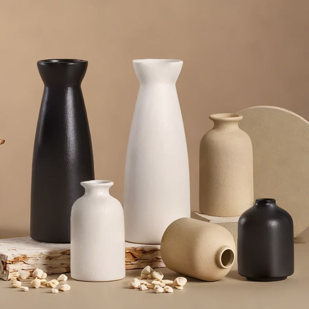 Boho Ceramic Vase Set 3pcs - Matte Nordic Minimalist Geometric Floral Design for Home Decor, Living Room, Entryway, Bookshelf & Bathroom Vanity, Modern Bohemian Decorative Vases, Holiday Gift