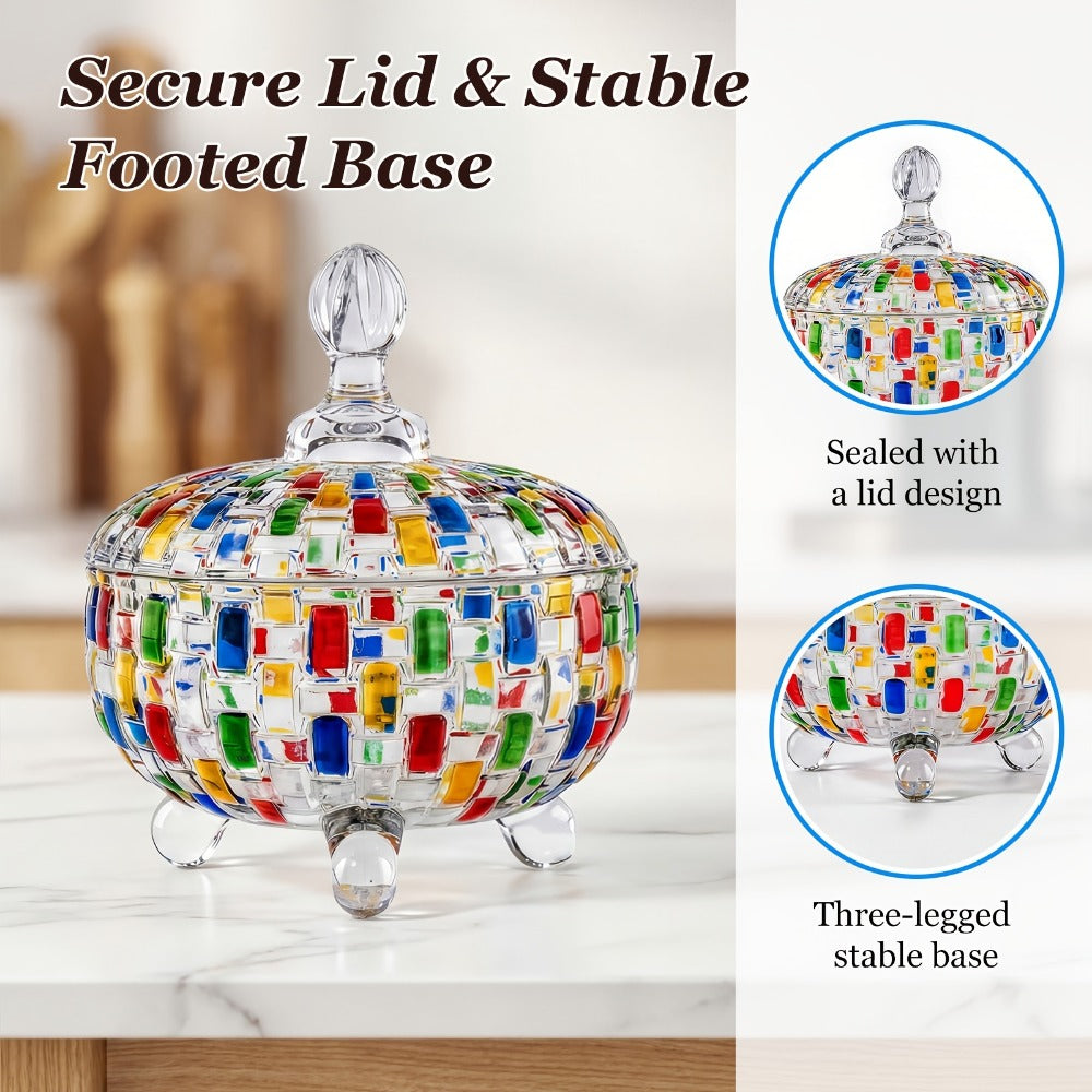 Crystal Glass Candy Dish with Lid & Tongs ¨C Hand-Painted Colorful Candy Box, Jewelry Storage Jar, Christmas Gift for Family & Friends | Elegant Candy Server