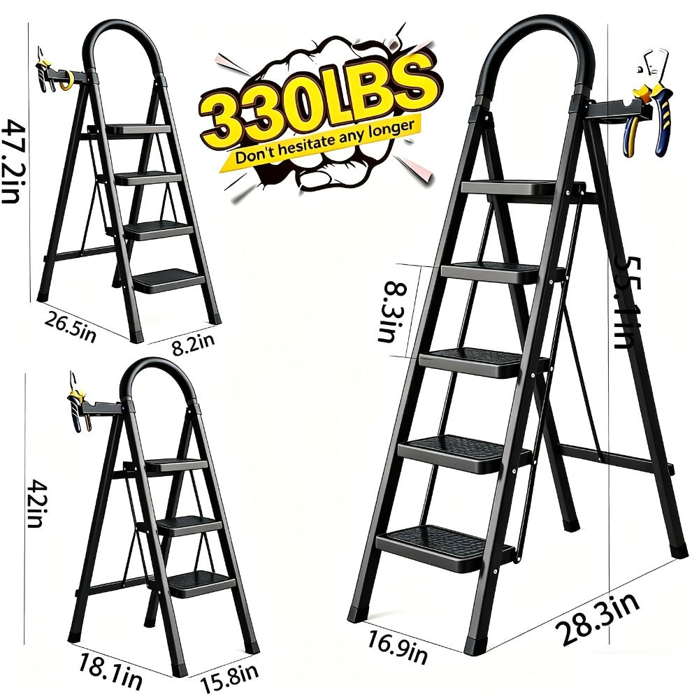 Folding Step Ladder with Anti-Slip Pedals & Handrail ¨C 2/3/4/5 Step Stool for Adults, Sturdy Steel, Lightweight Portable, Non-Slip Feet, Rust-Resistant, Foldable for Home Kitchen Office Bedroom Use
