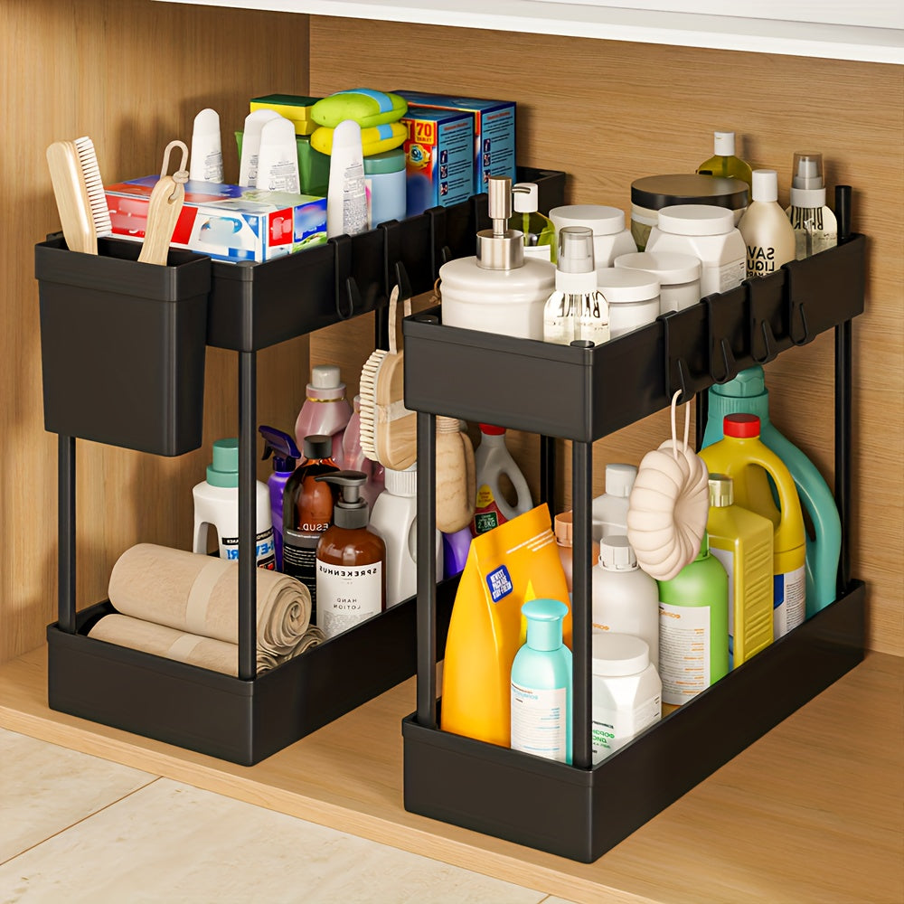 Under Sink Organizer 2pcs Double Tier Sliding Storage Basket with 8 Hooks ¨C Kitchen Bathroom Cabinet Rack Shelf