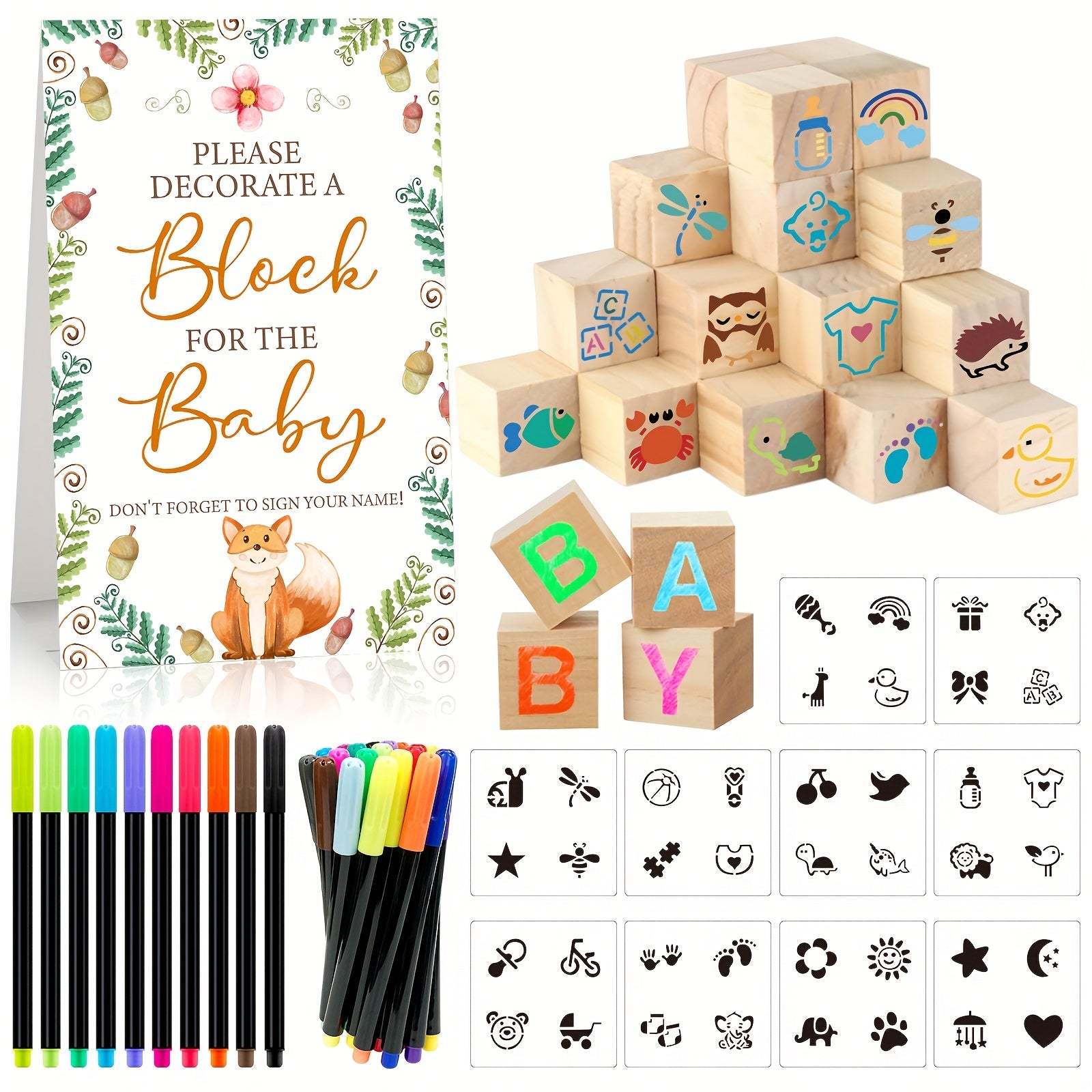 Wooden Block Stacking Game Party Kit 51pcs 30pcs ¨C Baby Shower Tumbling Tower Decoration Sign Set Classic Flower Greenery Fox Bear Style No Electricity