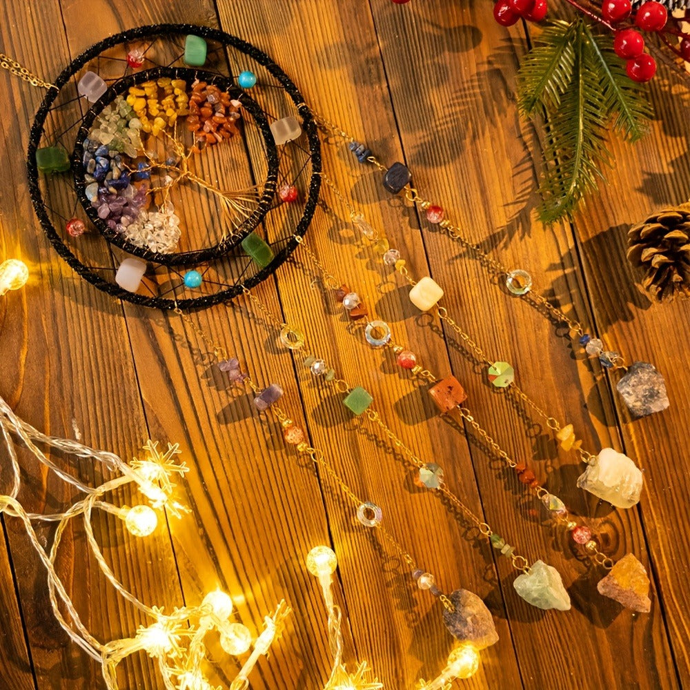 Crystal Wind Chime Suncatcher with Life Tree Pendant - Handmade Bohemian Shattered Stone Woven Hanging Decor for Outdoor Garden Window Porch, Christmas Wedding Birthday New Year Gift