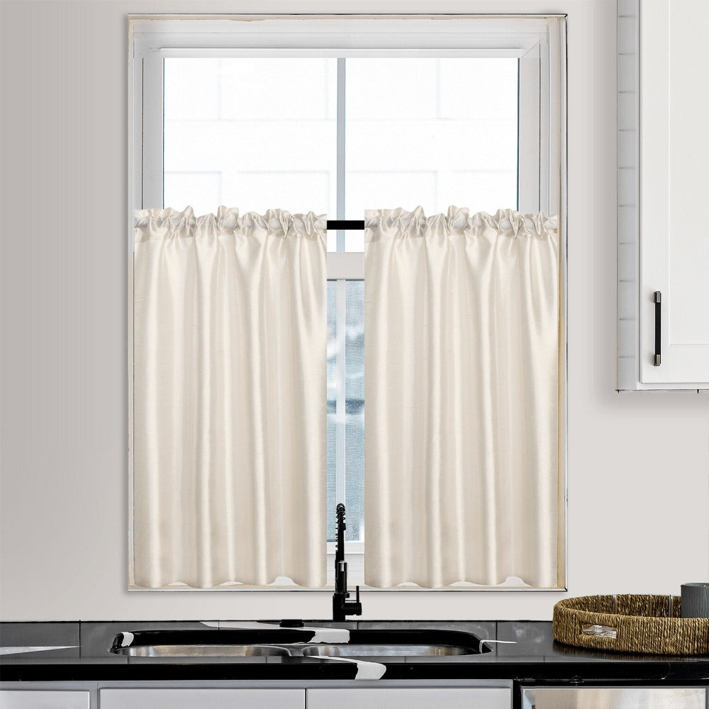Kitchen Curtains 3 Panels Faux Silk Sheer Tier and Valance Set Rod Pocket 2 Tiers 26x36 inch + Valance 52x14 inch for Kitchen Bathroom Window Drapes