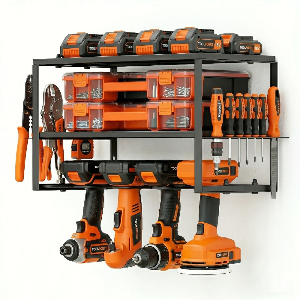 Power Drill Holder Wall Mount ¨C Heavy Duty Tool Storage Rack with 3/4 Layer Floating Shelf | Cordless Drill Organizer | 4/6/8 Drill Holders Workshop Tool Rack for Garage & Workshop Organization