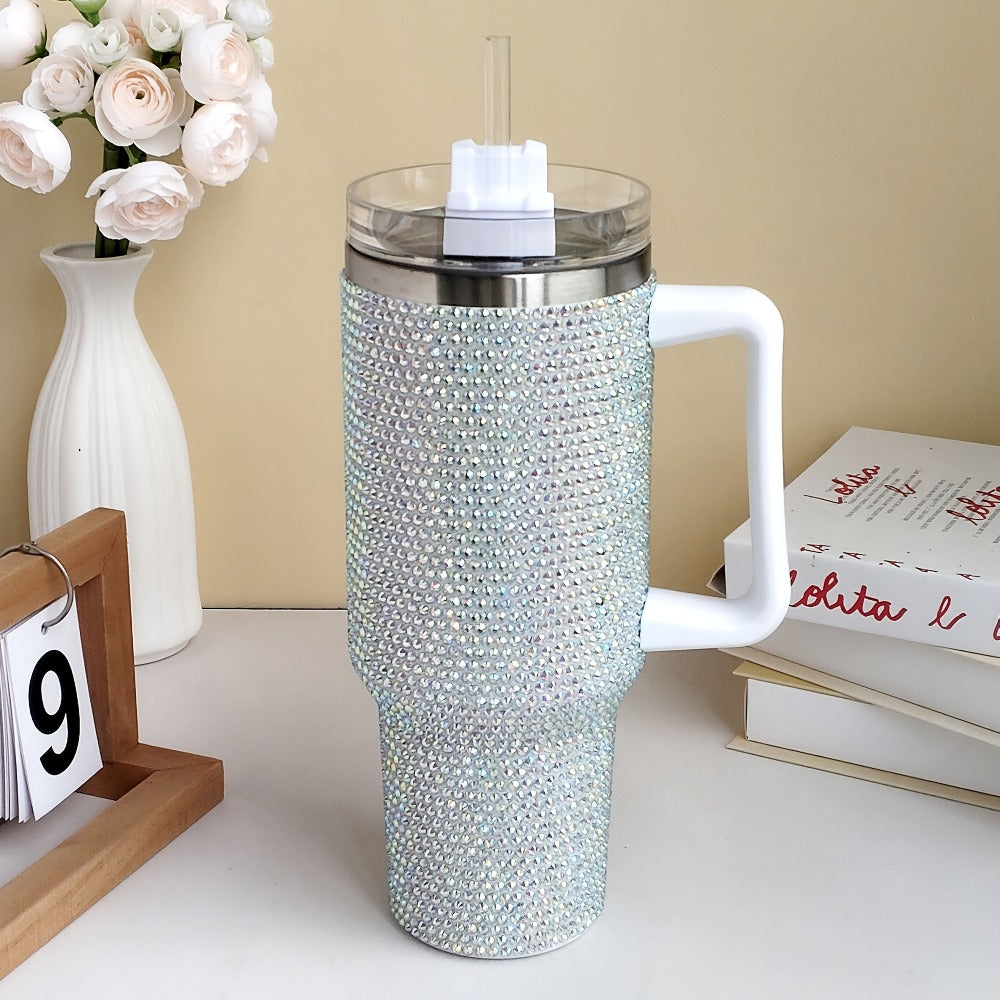 Bling Diamond Tumbler 40 Oz ¨C Studded Rhinestone Stainless Steel Insulated Travel Mug with Handle & Straw Lid ¨C Fits Car Cup Holders ¨C Glamorous Gift for Women ¨C Silver