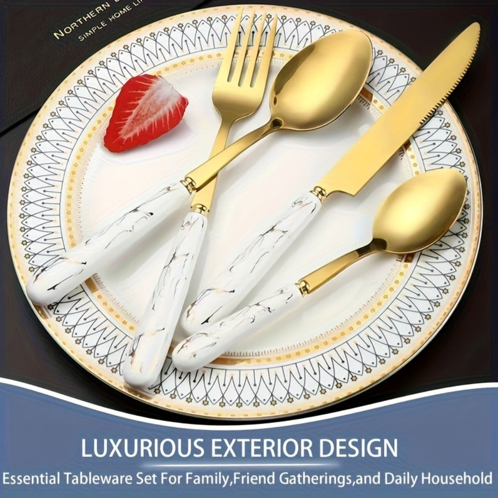 Marble Pattern Cutlery Set 24pcs - Dinner Forks Soup Spoons Teaspoons for Home Hotel Restaurant