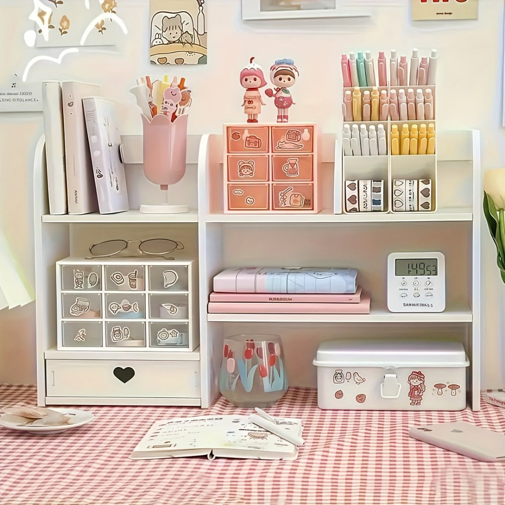 Desktop Organizer Double Layer Desk Shelf ¨C 2-Tier Storage Rack for Office Supplies, Stationery, Cosmetics | Space-Saving Bookshelf for Bedroom, Dorm, Home Office, Waterproof Wood-Plastic