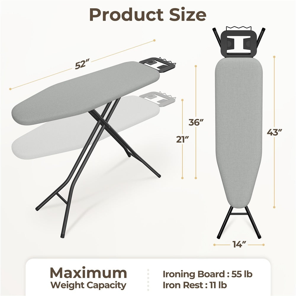 Ironing Board Full Size Adjustable Height Foldable Iron Board with 4-Leg Stand 4-Layer Thick Pad Iron Rest Safety Lock for Home Dorm Laundry Room