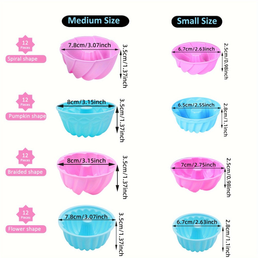 Silicone Donut Mold 48pcs, Nonstick Silicone Baking Cups with 4 Shapes (Thread, Woven, Pumpkin, Flower), Muffin Jello Bagel Pan, Oven Microwave Dishwasher Safe Silicone Baking Molds for Donuts and Cupcakes