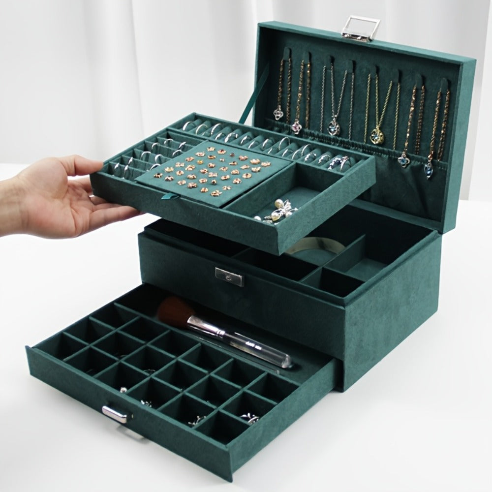 Velvet Jewelry Organizer Box with Lock & Drawers ¨C Large Capacity Storage Case for Rings, Necklaces, Earrings & Bracelets, Travel Jewelry Box