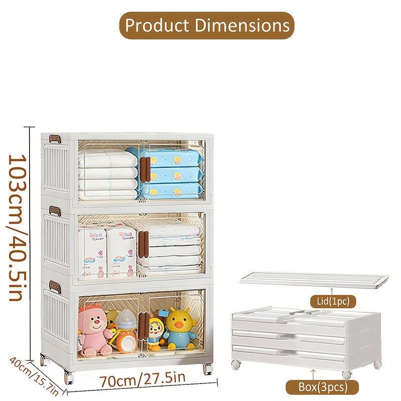 Stackable Foldable Storage Cabinet with Door ¨C PP Plastic 1/2/3/4/5 Layer Organizer Box with Wheels & Cover | Dual-Access Home Storage for Clothes, Books, Snacks & Kitchen Supplies | Office & Garage