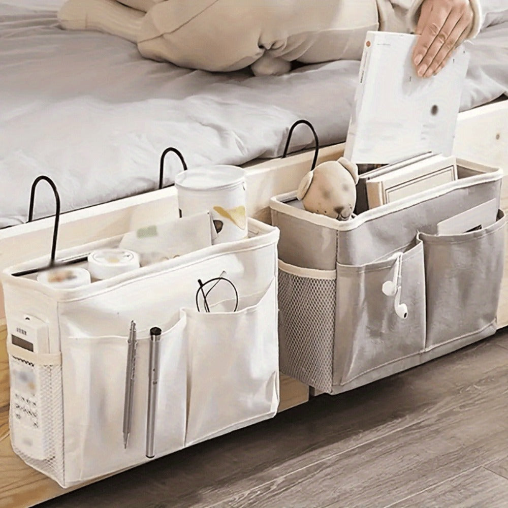 Bedside Hanging Organizer 2Pack Bed Rail Storage Bag - Bunk Bed Dorm Hospital Caddy for Books Magazines Phone Glasses Kettle Bedroom Shelf Basket Gray White