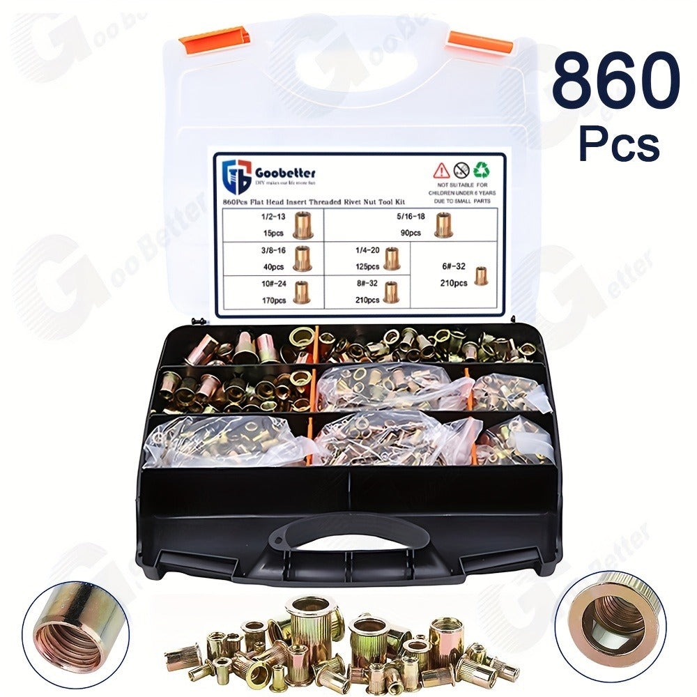 860pcs Rivet Nut Kit SAE UNC Assortment ¨C Zinc Plated Carbon Steel Flat Head Insert Threaded Nuts 7 Sizes with Case for Auto Furniture & Industrial Projects