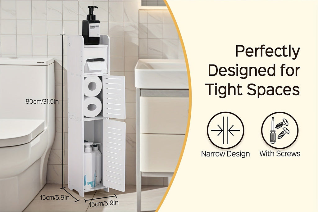 Slim Bathroom Storage Cabinet ¨C PVC Toilet Paper Holder & Organizer for Small Spaces, Easy Assembly, Multi-Room Use, Bedroom & Living Room
