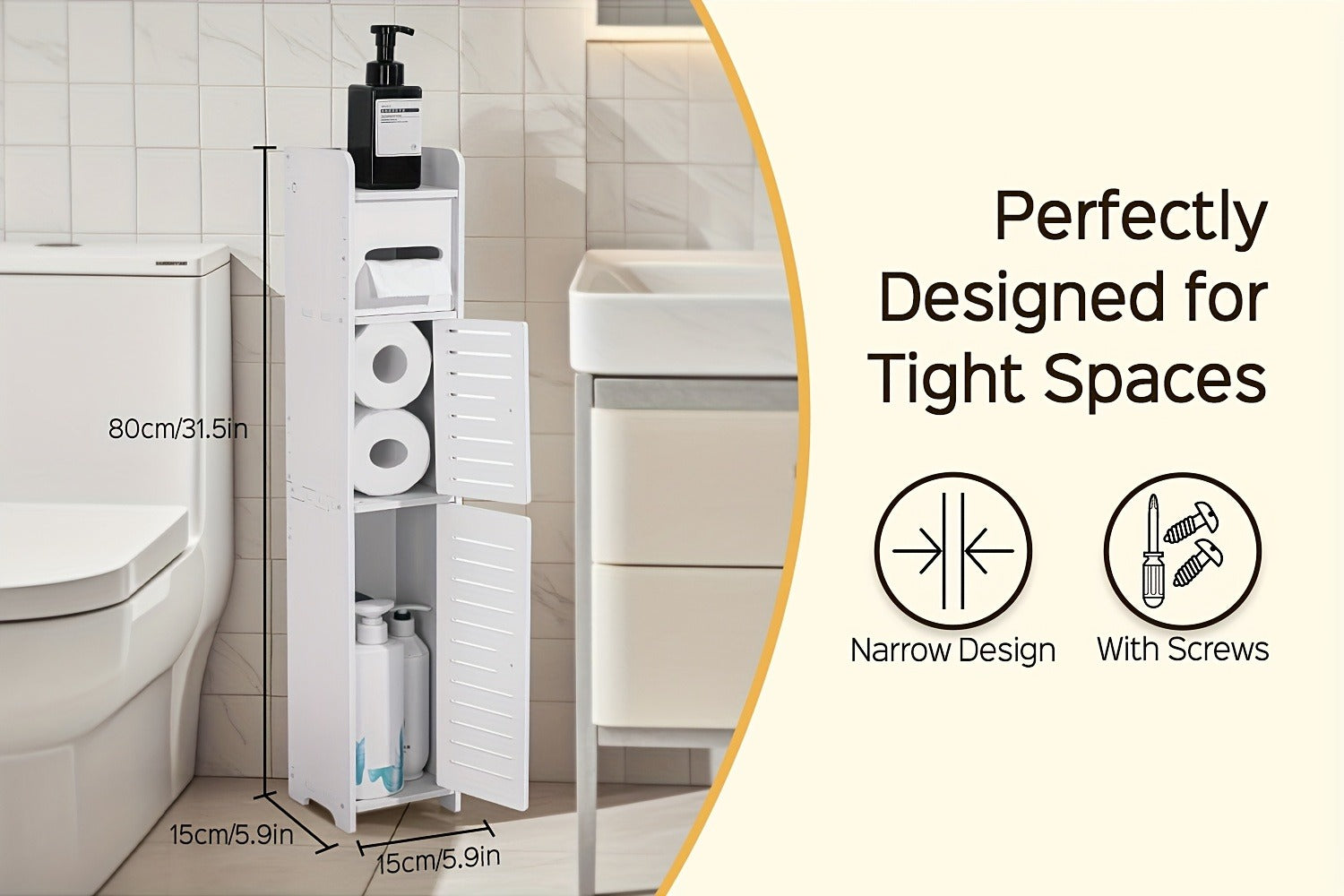 Slim Bathroom Storage Cabinet ¨C PVC Toilet Paper Holder & Organizer for Small Spaces, Easy Assembly, Multi-Room Use, Bedroom & Living Room