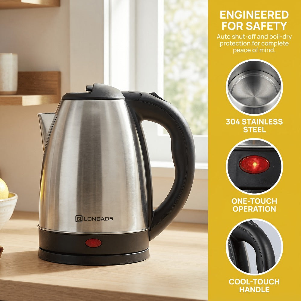 Electric Kettle Stainless Steel 2L Large Capacity - 1000W Fast Boiling Water Kettle with Seamless Interior Safe Odor-Free Design for Family Kitchen Gatherings 67.63oz Black