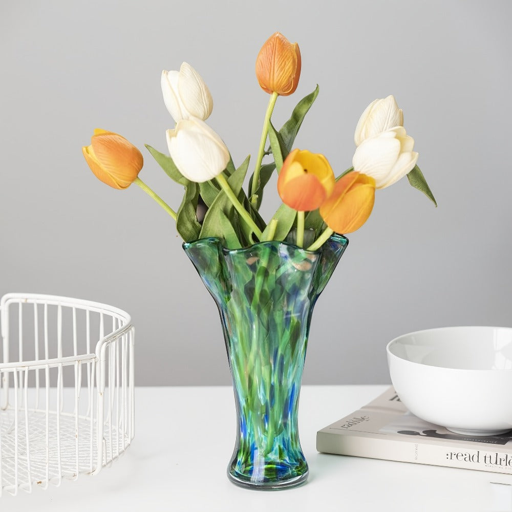 Hand Blown Glass Vase Colorful Wide Mouth, Teal Green Art Glass Flower Vase for Fresh Flowers & Spring Arrangements, Decorative Centerpiece for Bookshelf, Dining Table, Bedroom & Living Room