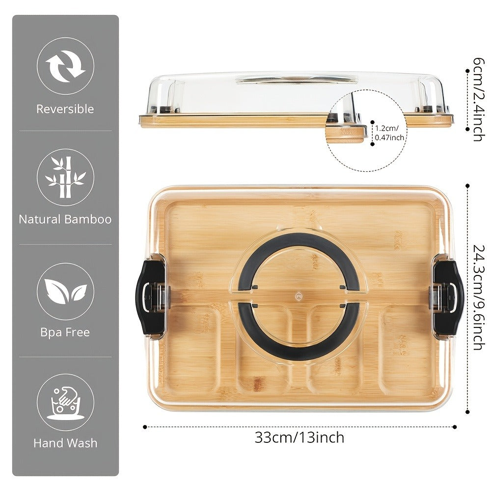 Bamboo Charcuterie Board with Lid | 5-Compartment Divided Cheese Snack Tray with Handles Locking Lid Portable Serving Platter for Parties Picnics Camping Gifts