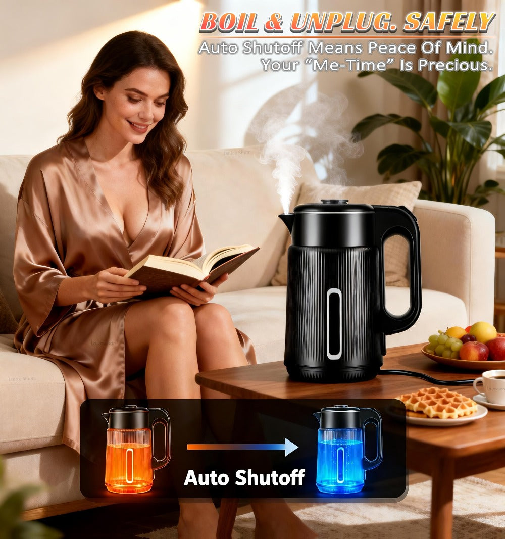 Electric Kettle 1000W Double Wall Stainless Steel ¨C 57.48oz 304 SS Hot Water Kettle with 360¡ã Rotary Base, LED Light, Auto Shut-Off & Boil-Dry Protection, Instant Water Warmer for Coffee & Tea ¨C Black