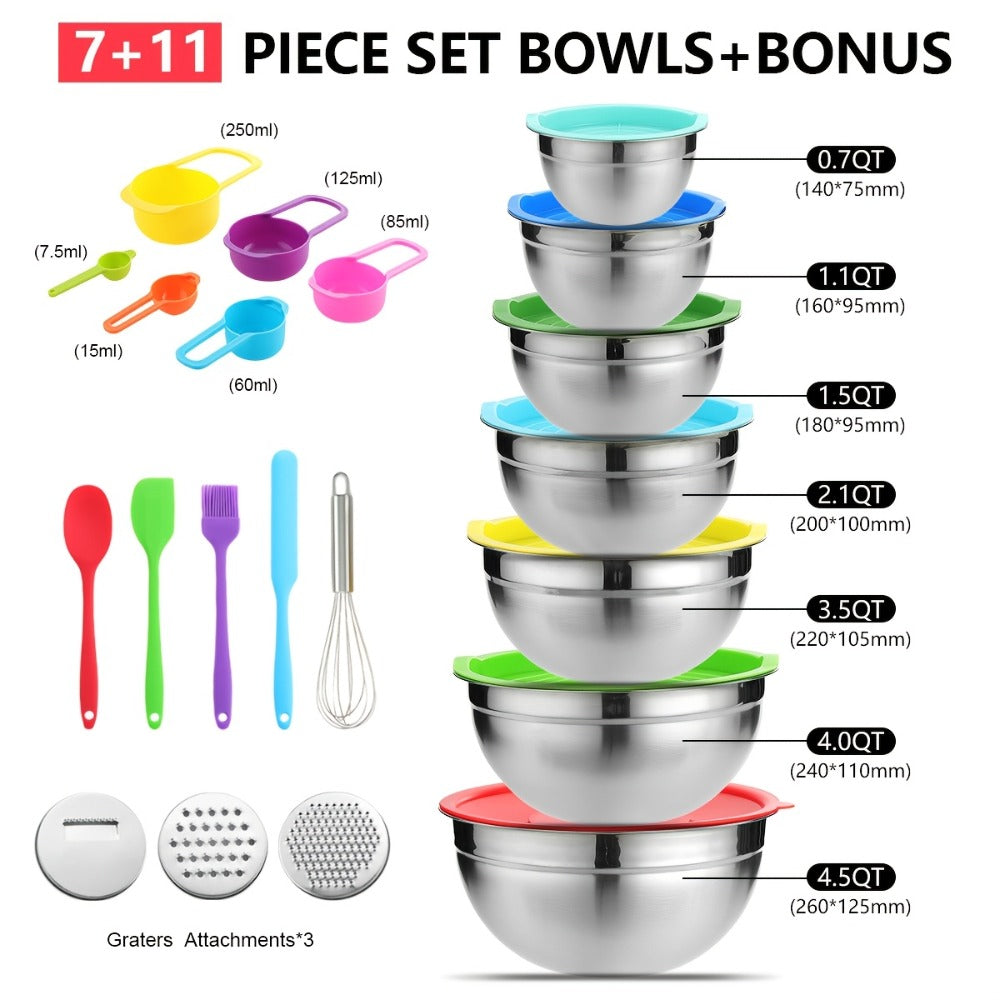 Stainless Steel Mixing Bowl Set 21-Piece with Lids and Grater Attachments, Nesting Bowls 0.7QT to 4.5QT, Rust Resistant Kitchen Bowls for Cooking Baking Serving, Complete Prep Bowl Set with Lids