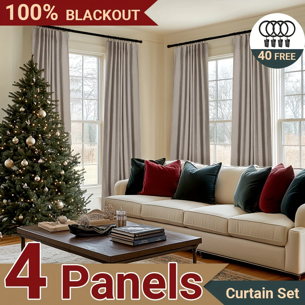 100% Blackout Curtains 4 Panels Faux Linen Textured Thermal Insulated Drapes - Room Darkening Window Curtains for Living Room Bedroom, Clip Rings & Rod Pocket, Energy Efficient Home Decor 50W x 84-120L