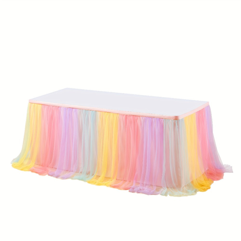 Pink Tutu Table Skirt 6ft ¨C Ruffle Tulle Table Skirt for Rectangle & Round Tables, Princess Girls Birthday Party, Cake Dessert Table Decor, Gold Brim, Multiple Colors Available