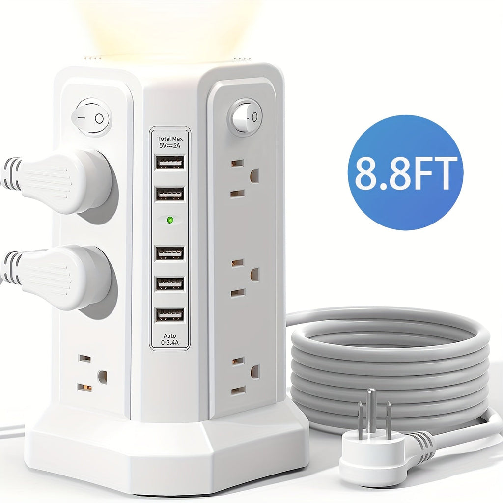 Surge Protector Power Strip Tower with 12 AC Outlets 5 USB Ports 8.8FT Extension Cord Night Light 4 Individual Switches Overload Protection for Home Office Desk Dorm Room