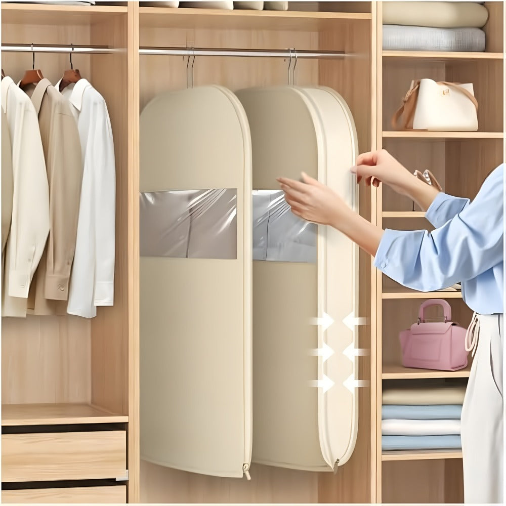 Hanging Garment Bag with Compression Zipper Space Saving Dustproof Clothes Storage Bag with Self Compression Zip Technology for Suits Dresses Coats Closet Wardrobe Organization Beige