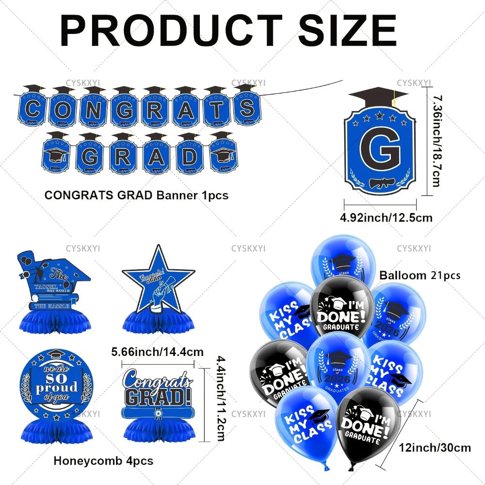 2026 Graduation Decorations Set ¨C Congrats Grad Banner, Backdrop, Hanging Swirls & Honeycomb Table Toppers, Class of 2026 Party Supplies Kit