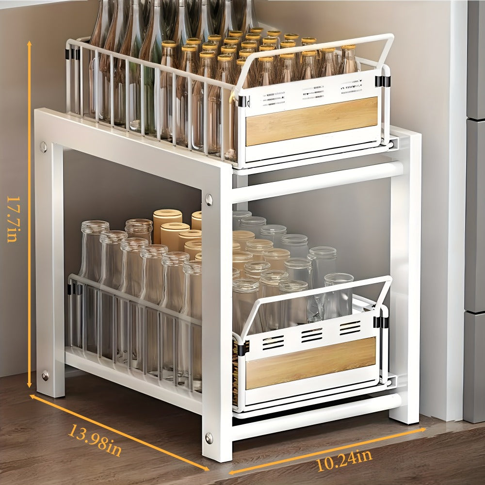 Under Sink Organizer Pull-Out Storage Rack - 2-Tier Carbon Steel Cabinet Shelf with Wire Baskets & Wood Accents, Space-Saving Kitchen Organizer for Dishes, Cleaning Supplies, Pantry, Bathroom