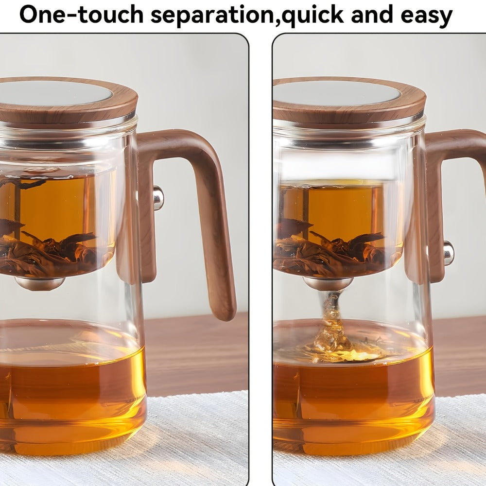 Glass Teapot with Infuser & Wooden Handle ¨C Borosilicate Tea Kettle, One-Button Tea-Water Separation, Drip-Free Spout, 27oz for Loose Leaf & Blooming Tea, Holiday Gift for Men & Women
