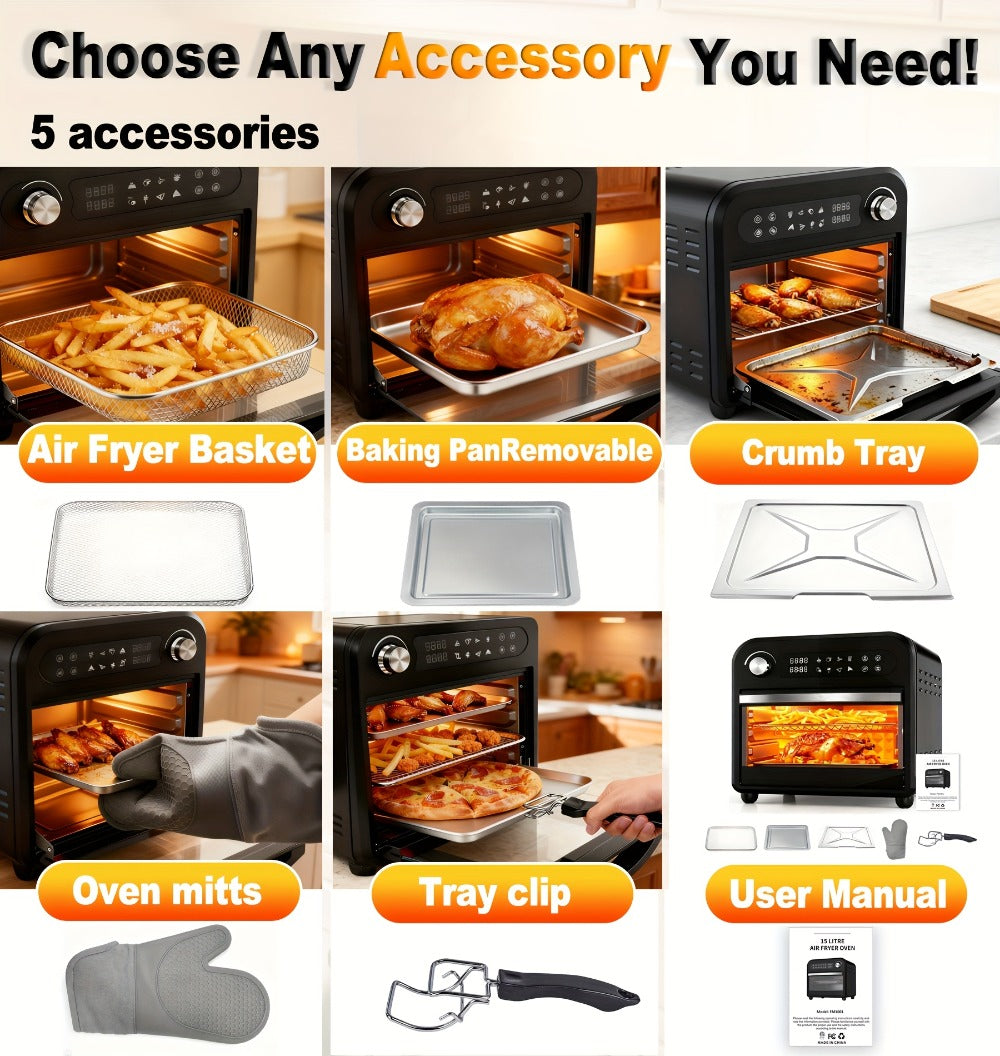 Air Fryer Toaster Oven Combo 15QT Extra Large, 360¡ã Convection, LED Digital Display, Precise Temperature Control ¨C Stainless Steel Interior, 5 Accessories, Healthy Low-Oil Cooking for Family Kitchen