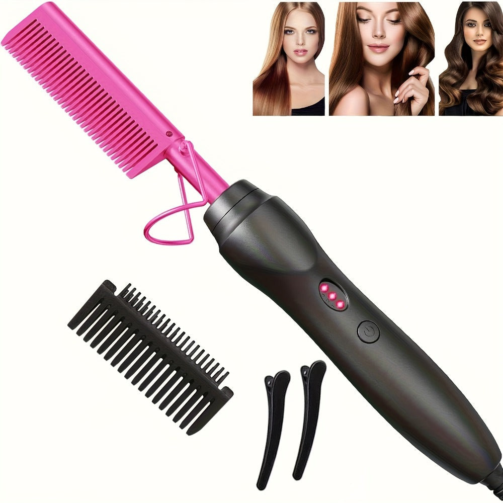 Electric Hot Comb Hair Straightener Ceramic Copper Heating Plate Portable Heat Press Comb for Curl Straight Style Beard Wig Wet Dry Hair Styling Tool for Women Men