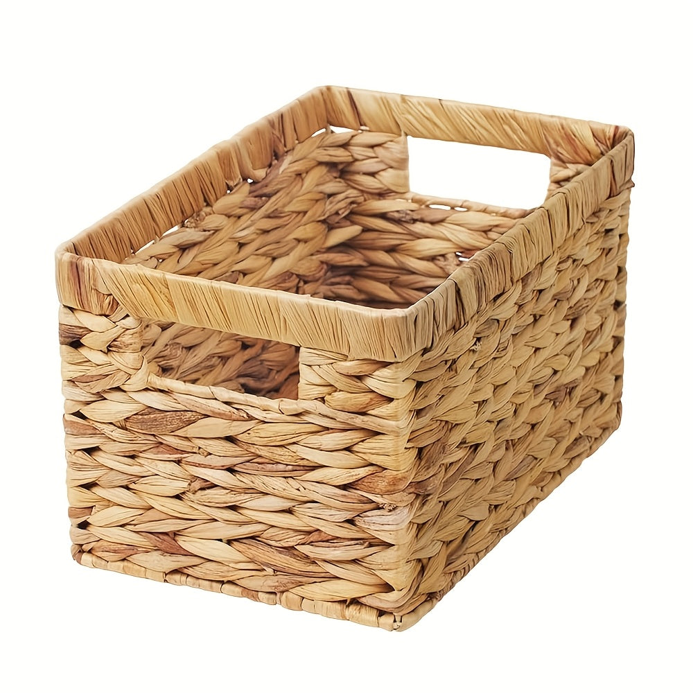Wicker Storage Basket with Built-in Handle, Natural Rattan Boho Stackable Shelf Organizer Bin for Bathroom Bedroom Living Room Kitchen Closet Home Decor
