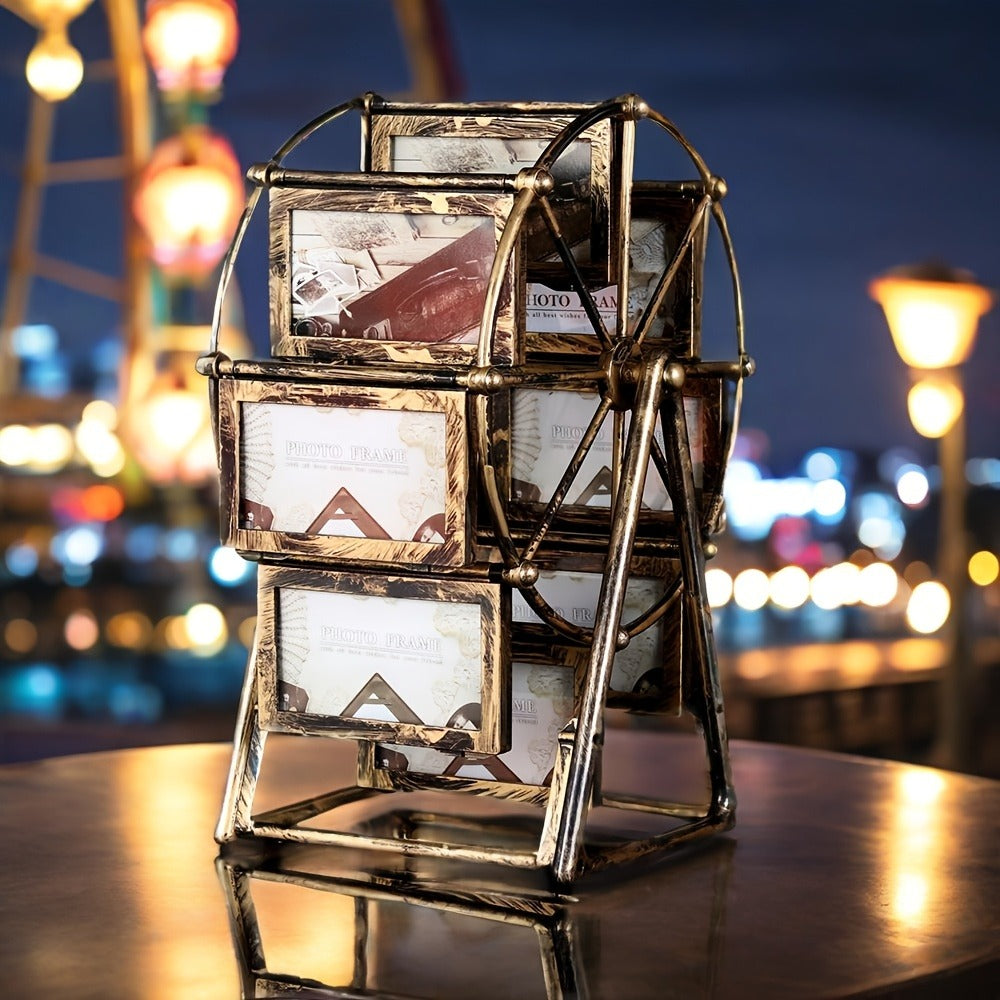 Rotating Ferris Wheel Photo Frame - Holds 8 Photos 4 inch - Vintage Spinning Picture Display Stand for Desk, Living Room & Bedroom - Unique Gift for Valentine's Day, Birthday & Christmas