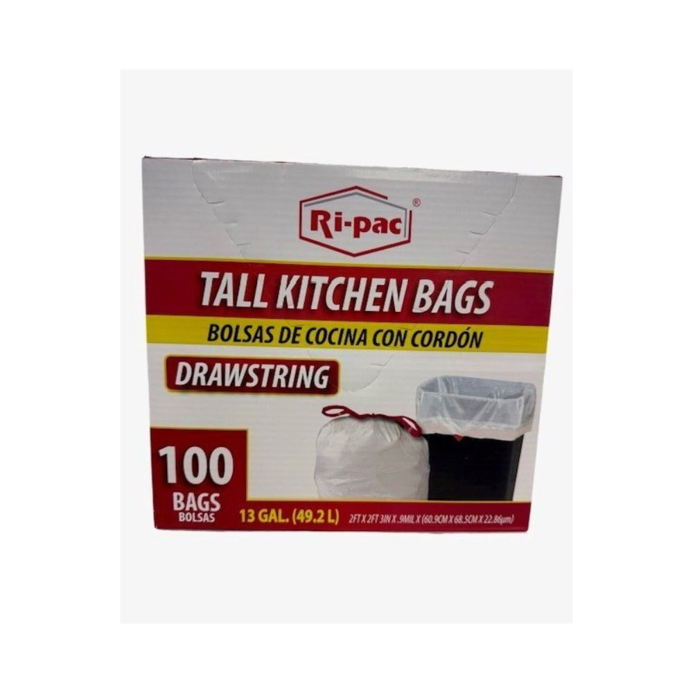 White Drawstring Trash Bags 13 Gallon 100 Count, Tall Kitchen Garbage Bags 0.9 Mil, 2 ft x 2 ft 3 in, Easy-Tie Drawstring Closure, Affordable Value Pack for Kitchen, Bathroom & Office Trash Cans
