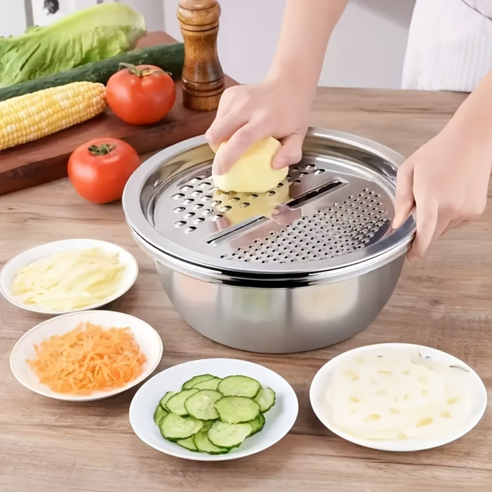 Stainless Steel 3-in-1 Kitchen Prep Set with Mixing Bowl Built-In Grinder Multi-Layer Slicer and Drainage System Food Safe Prep Bowl for Fruits Vegetables Cheese