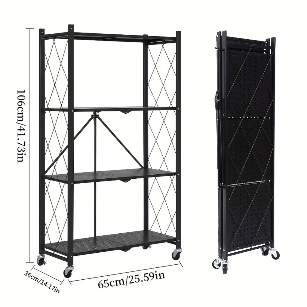 Storage Rack 3-5 Tier Foldable Shelving Unit with Wheels - Portable Multi-Layer Floor Standing Utility Shelf Organizer for Bedroom Closet Kitchen Office Black White