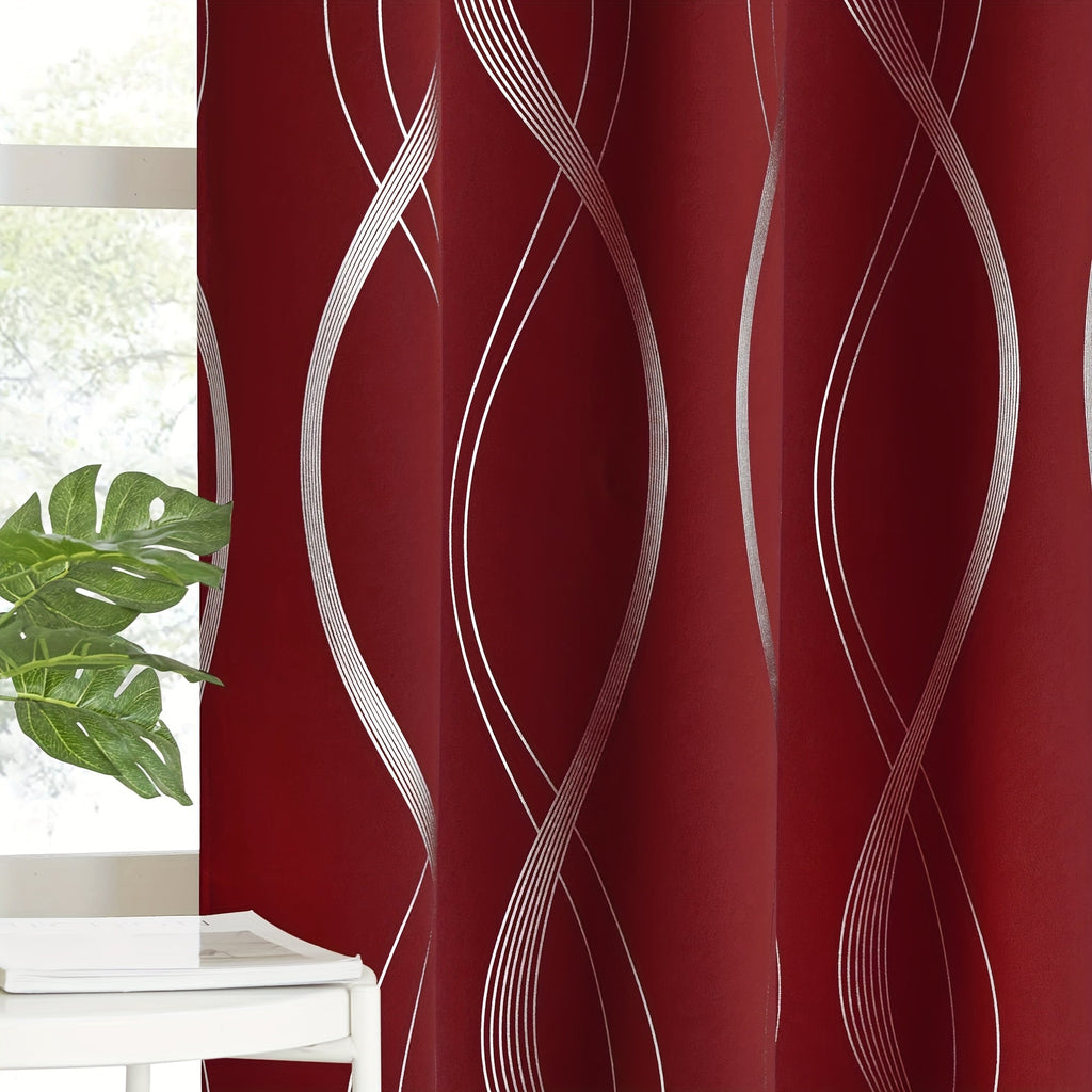 Thermal Insulated Blackout Curtains 2 Panels Wave Line Foil Print Noise Reducing Room Darkening Drapes for Bedroom Living Room Patio Sliding Glass Door