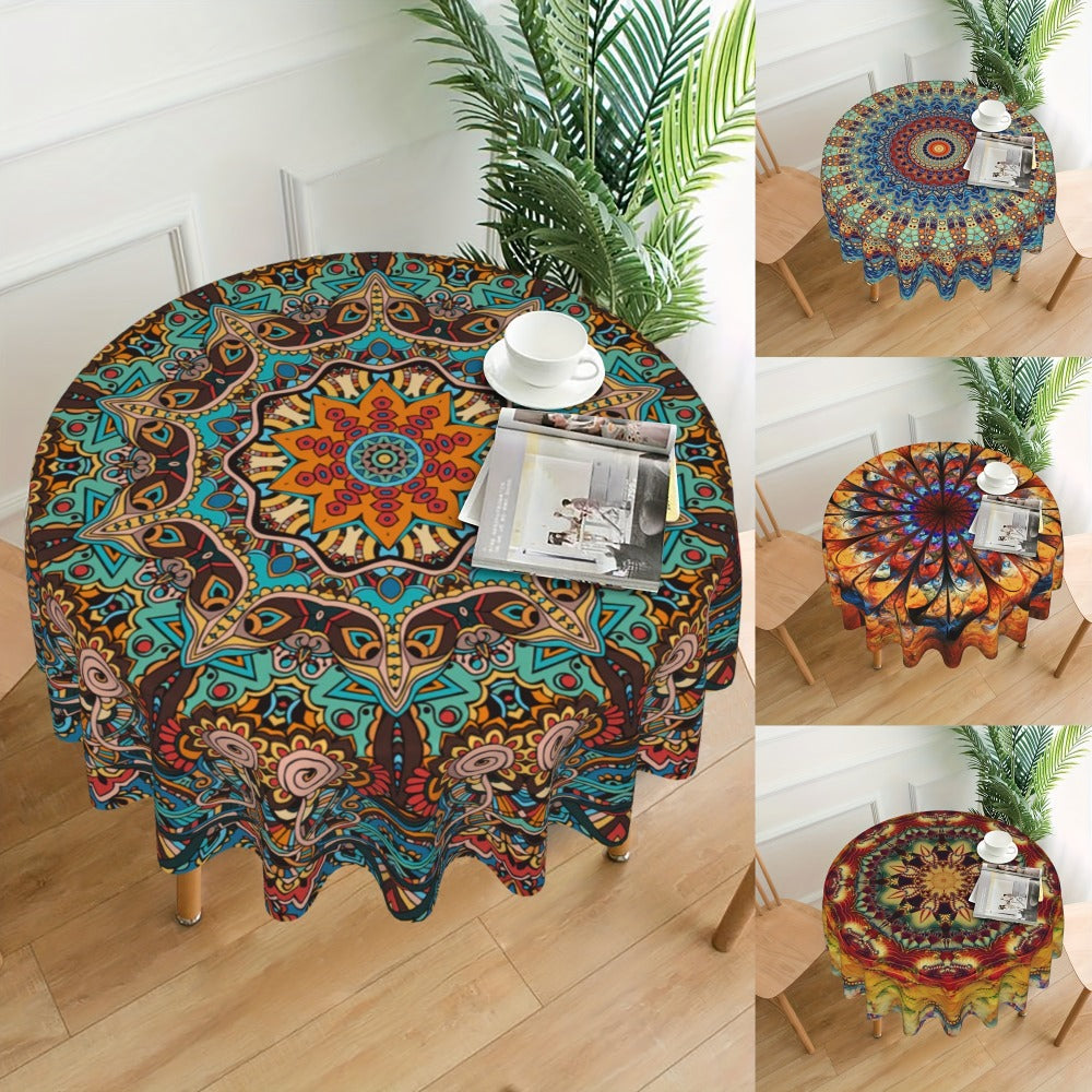 Mandala Round Table Cover 60 Inch - Colorful Boho Tablecloth for Patio, Backyard BBQ, Picnic & Kitchen Decor