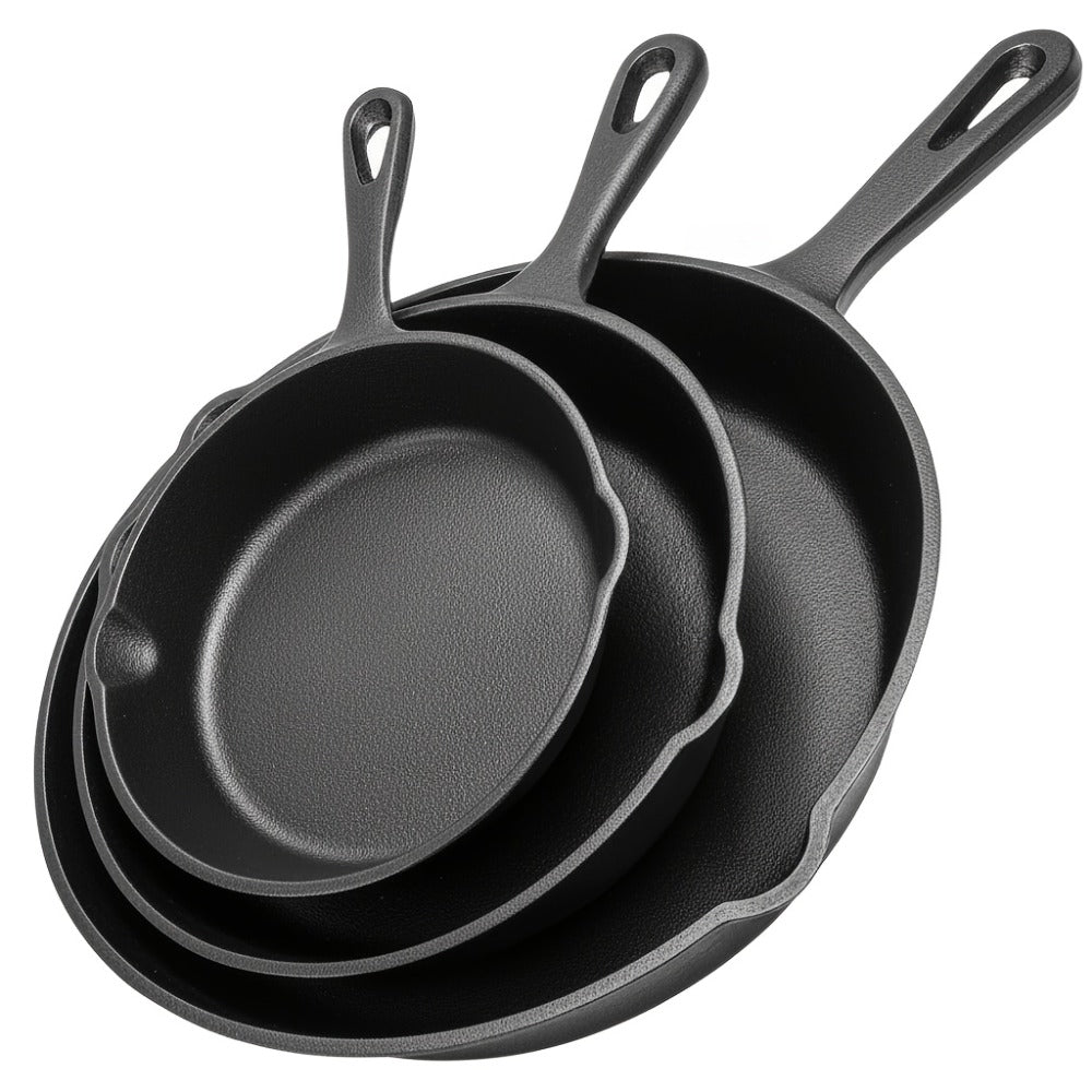 Cast Iron Skillet Set 3pcs - Non-Stick with Drip Spout, Pre-Seasoned Cookware for Holiday Cooking RV Campfire Outdoor Grilling, Heavy Duty Kitchen Frying Pan Set