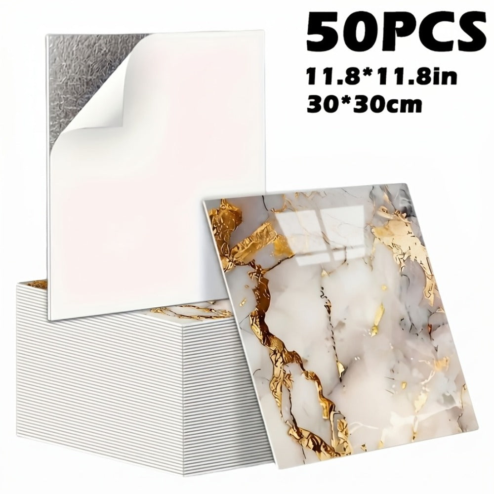 Peel and Stick Wall Tiles 50/100pcs - Waterproof PVC Marble Self-Adhesive Vinyl Panels for Bathroom Shower Kitchen Living Room TV Backdrop, Modern Wall Decor Easy Installation No Grout Required