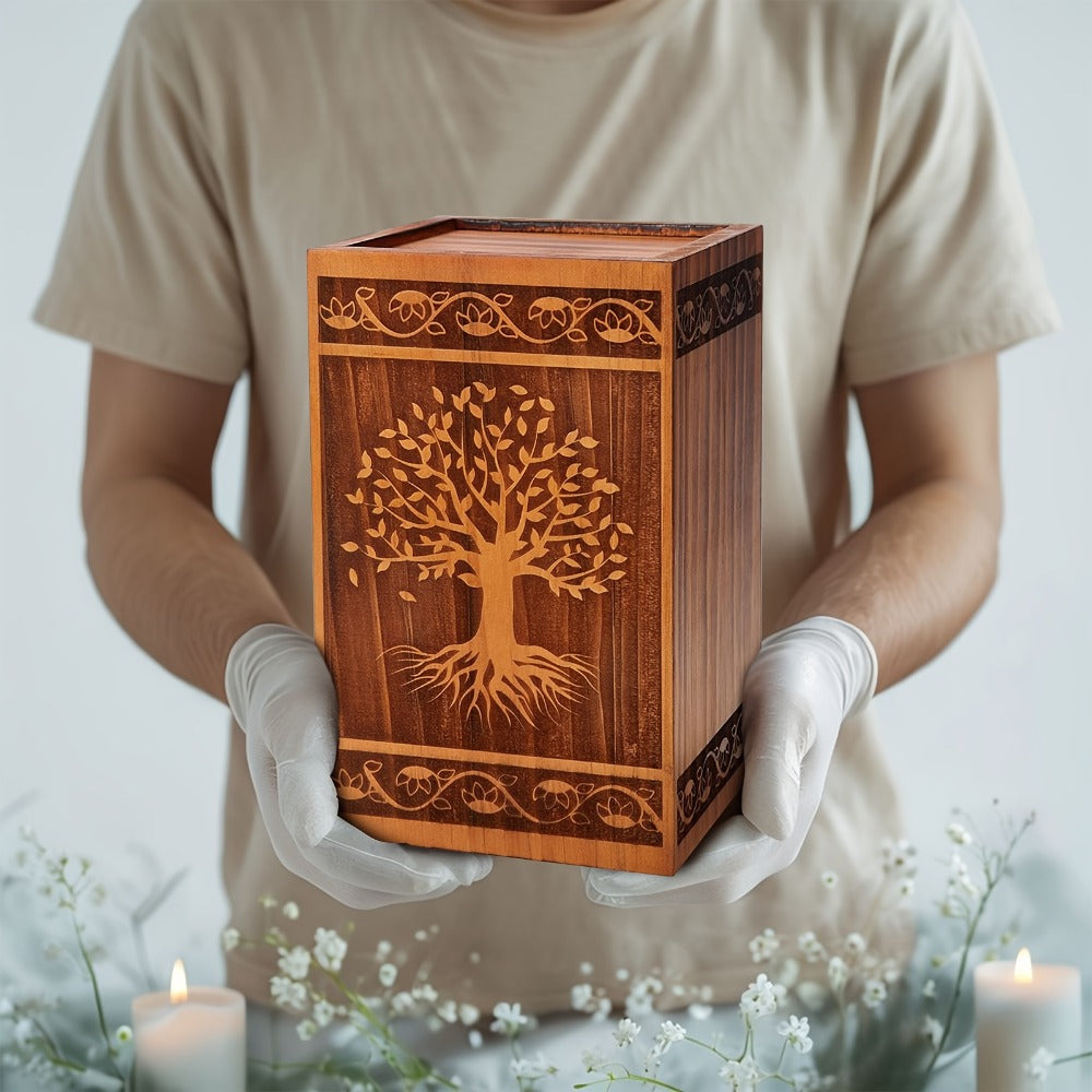 Cremation Urns for Human Ashes Adult ¨C Wood Tree of Life Memorial Urn Box 200 Cu In for Men Women Child Burial Funeral Keepsake Holds Adult Ashes Fits Pets Cat Dog