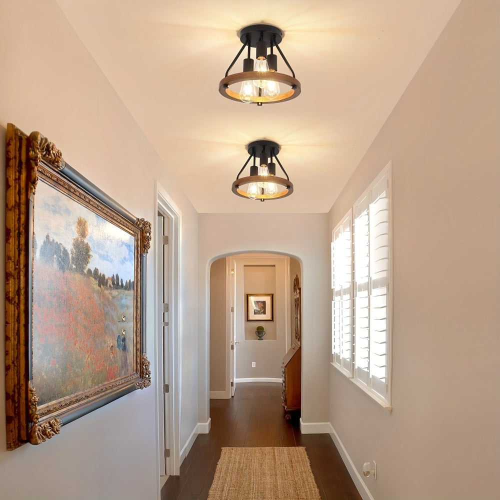 Farmhouse Semi Flush Ceiling Light 3-Bulb Wood & Metal - Rustic Industrial Ceiling Lamp for Kitchen Bedroom Dining Room Hallway Entryway Laundry Room (Bulb Not Included)