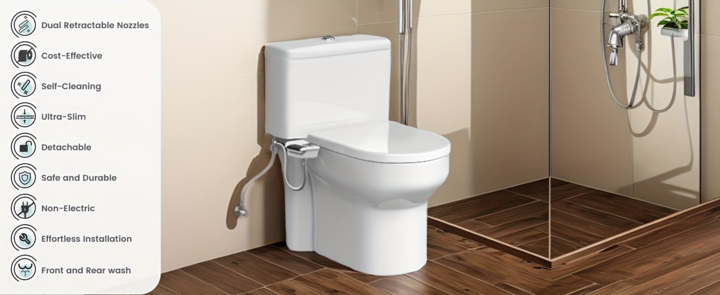 Bidet Attachment for Toilet - Dual Retractable Nozzle Non-Electric Self-Cleaning Fresh Water Bidet Sprayer, Adjustable Water Pressure, Fits Most Toilets, Brass T-Adapter & Metal Hose Included, Easy Install