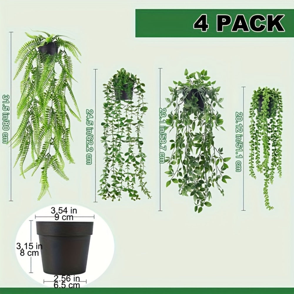 Artificial Hanging Plants 4 Pack ¨C Fake Trailing Vines for Indoor Outdoor Wall Shelf Room Decor, Realistic Faux Rose Greenery Hanging Basket Decoration