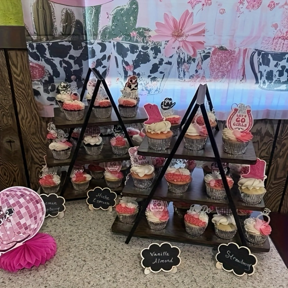 3-Tier Wooden Cupcake Stand ¨C Holds 50 Cupcakes, Dessert Display Rack for Wedding, Birthday Party & Halloween, Rustic Wood Cake Stand in Black, White & Brown