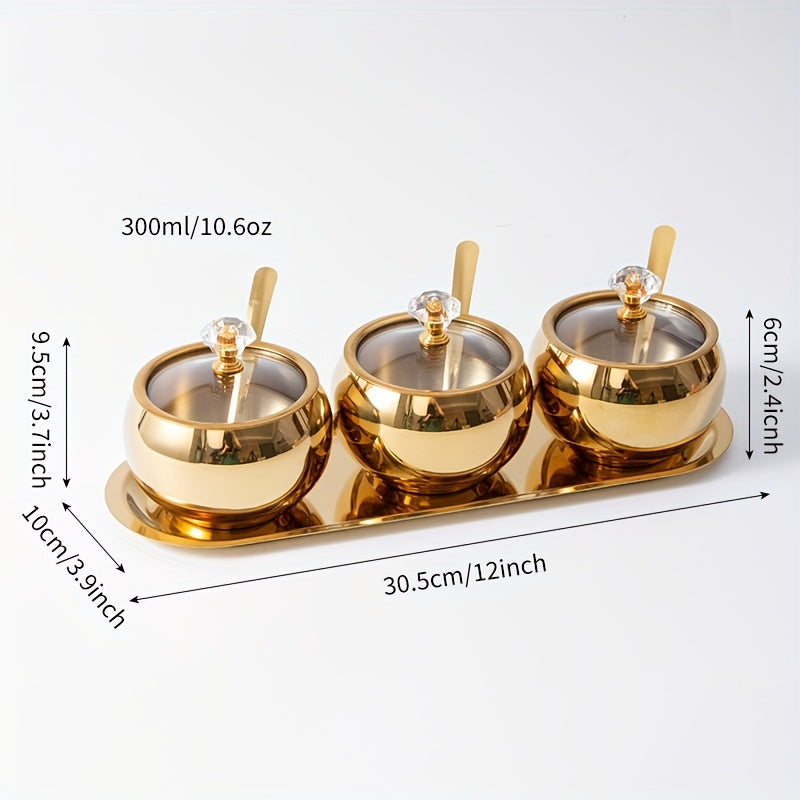 Golden Stainless Steel Seasoning Jar Set 2 or 3pcs Spice Containers with Lid and Spoon Serving Tray for Pepper Salt Spices Candy Coffee Beans Kitchen Organizer